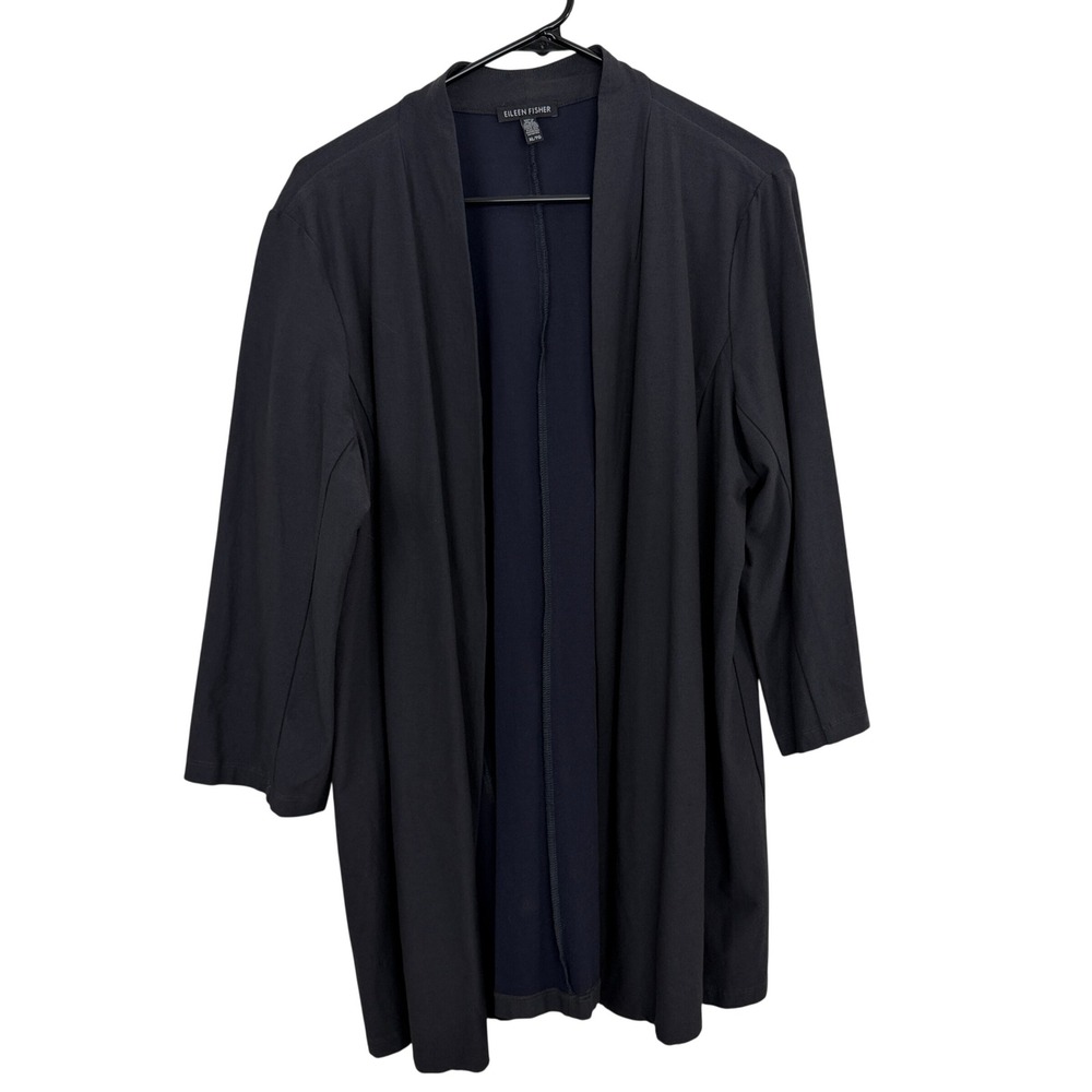 Eileen Fisher Cardigan Womens XL Blue Open Front Side Pockets Long Sleeve Crepe